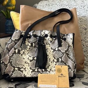Patricia Nash Black and Cream Snake Print Tote